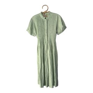 J. Peterman Linen Seafoam Green Collarless Pleated Fit And Flare Shirt Dress S